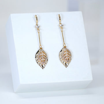 Gold Leaf Drop Earrings, Long Bridal Jewelry, Bridal Earrings, Crystal Bridal Earrings, Statement Leaves Earrings Cz